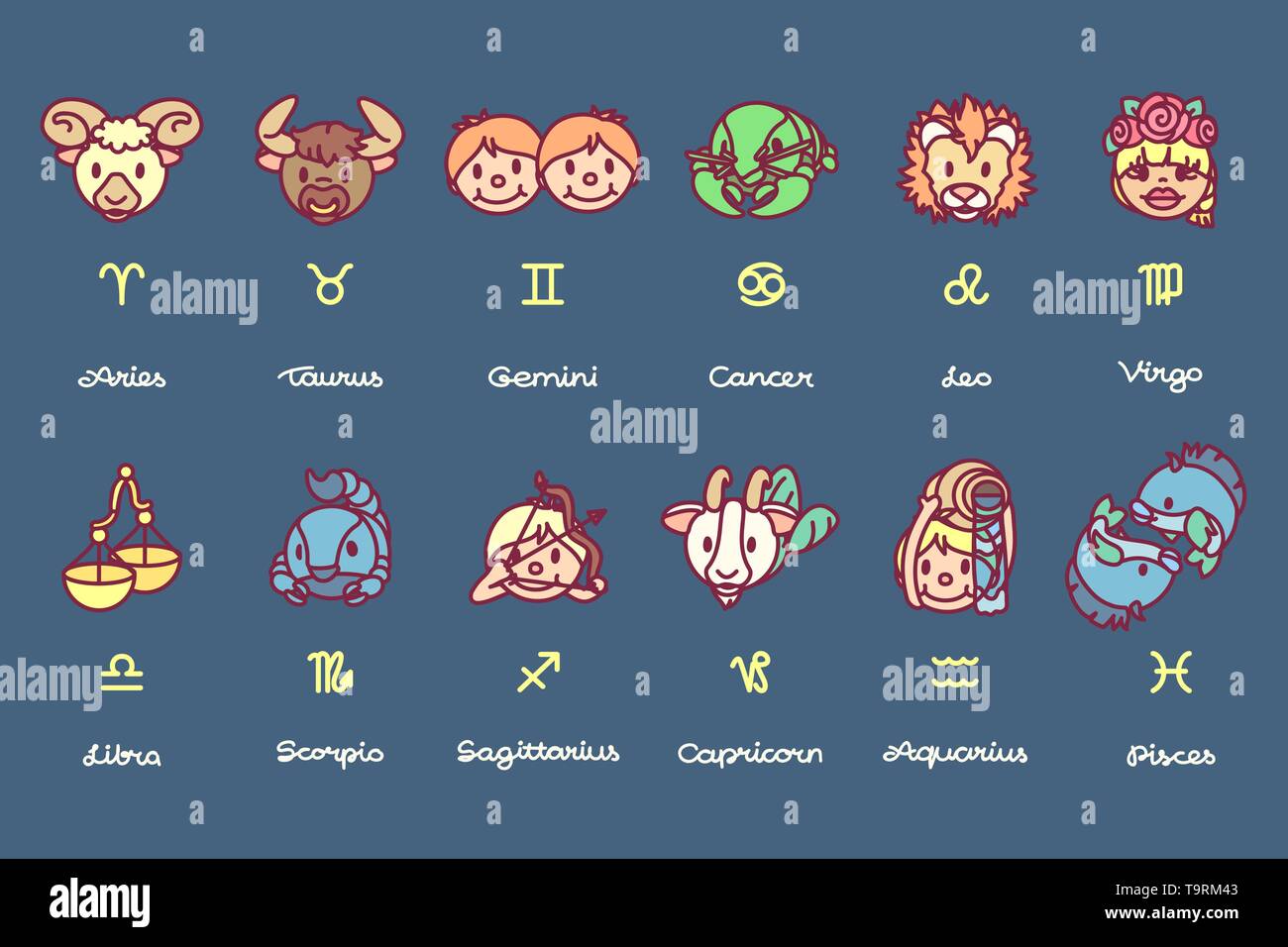 Vektor Cute Astrologie Horoskop Sternzeichen Symbol Einstellen
