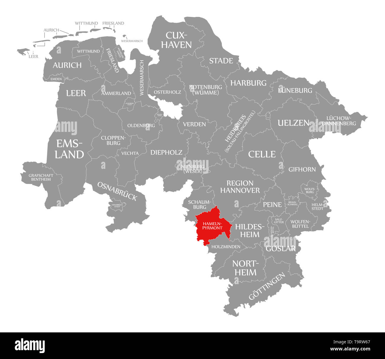 Landkreis Hameln-Pyrmont in Rot hervorgehoben Karte von Niedersachsen Deutschland Stockfoto