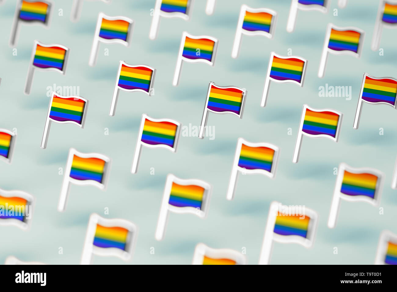 Blurry close-up Fokus auf Rainbow LGBTQ Flaggen Muster. Juni die Gay Pride Monat symbol Konzept. Auf pastellgrün Hintergrund isoliert. 3D-Rendering Stockfoto