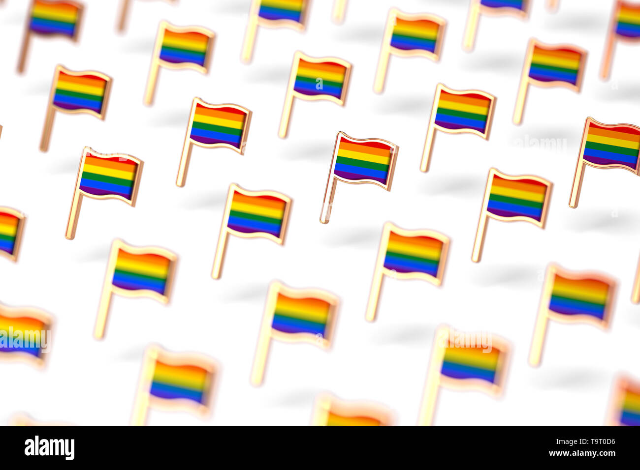 Flache DOF Fokus auf Rainbow LGBTQ flags Gruppe. Gay Pride Monat symbol Konzept. Auf weissem Hintergrund. 3D-Rendering Stockfoto