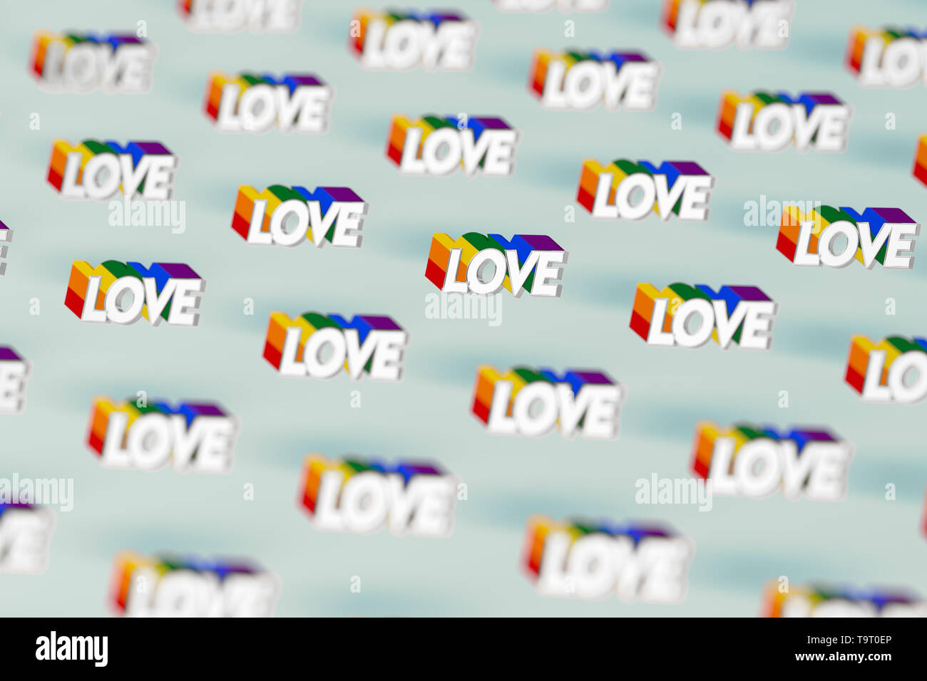 Closeup Schuß auf Silber liebe Wort mit Regenbogen outline Pattern. Juni als ein Monat der Gay Pride und liebe Konzept. Auf pastellgrün Hintergrund isoliert. 3D Stockfoto