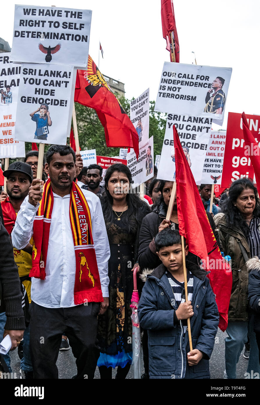 Am zehnten Jahrestag, Tamilen versammeln sich in London den Völkermord von 2009, als die tamilischen Menschen waren an den Händen des srilankischen Militärs massakriert zu erinnern. Über 140.000 tamilischen Menschen wurden vermisst. Stockfoto