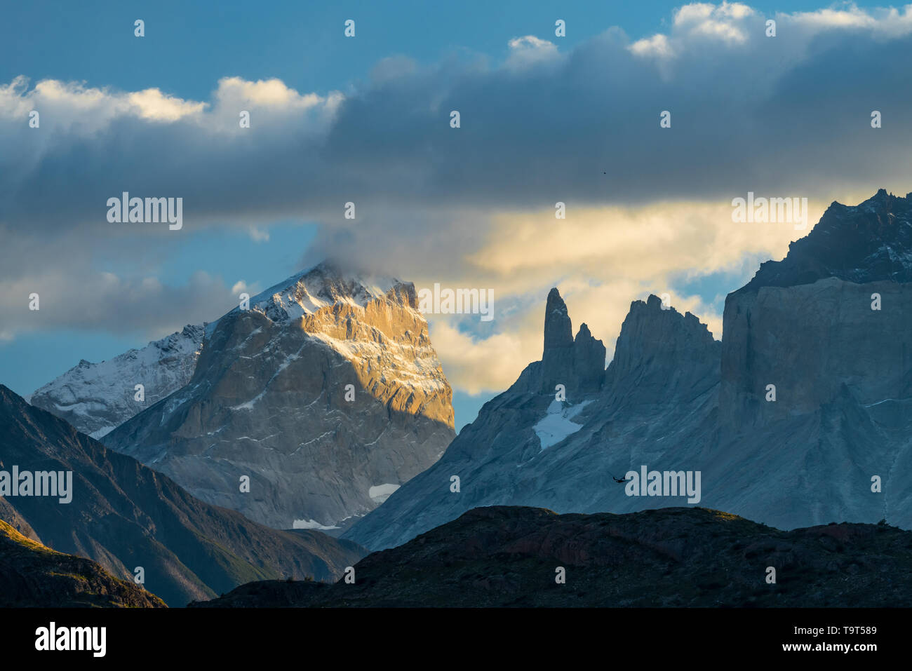 Sunrise Licht auf die südöstlich von Torre Sur oder Torre d'Afostini im Torres del Paine National Park, ein UNESCO-Biosphärenreservat in Chile in t Stockfoto