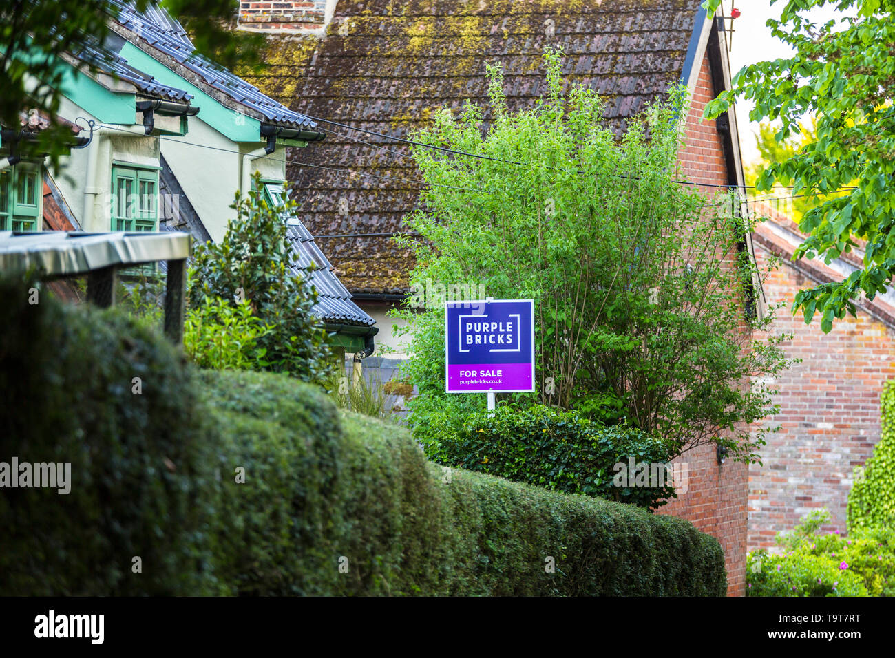 Lila Ziegel Immobilienmakler Zeichen an einem ländlichen Anwesen in der Landschaft von Suffolk. Stockfoto