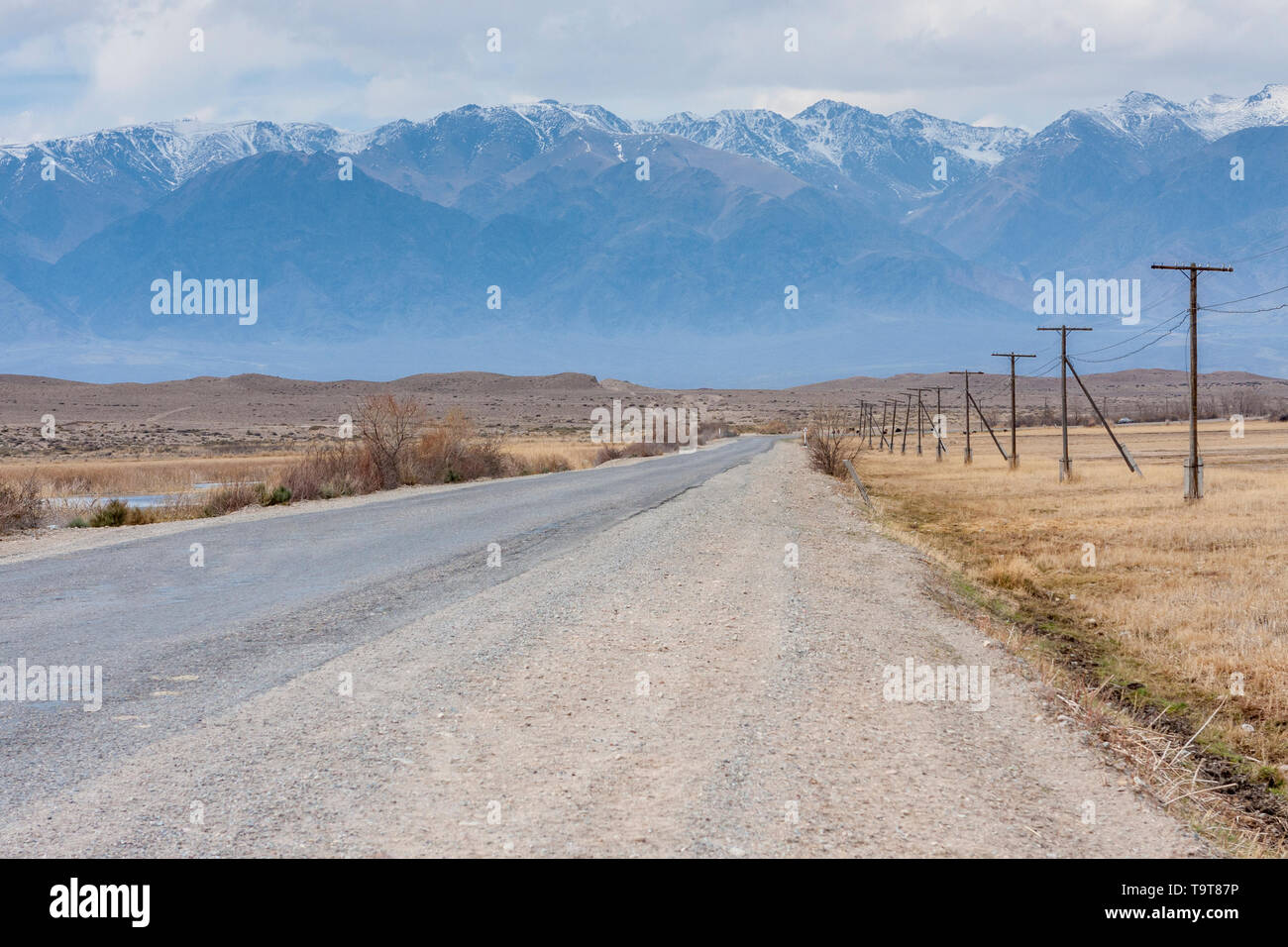 Leere Landstraße mit Strommasten und verschneite Berge, Kirgisistan, Zentralasien Stockfoto