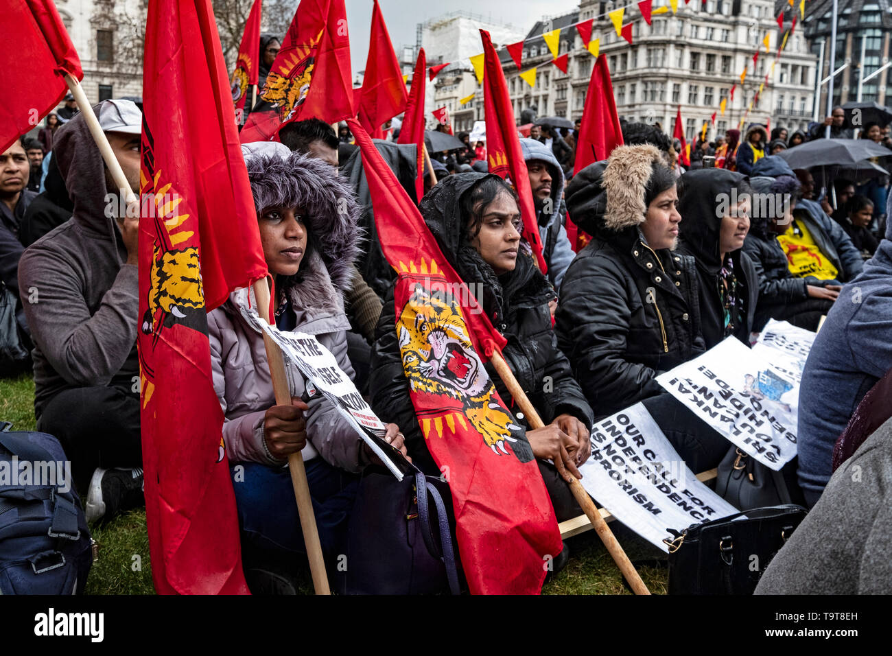 Am zehnten Jahrestag, Tamilen versammeln sich in London den Völkermord von 2009, als die tamilischen Menschen waren an den Händen des srilankischen Militärs massakriert zu erinnern. Über 140.000 tamilischen Menschen wurden vermisst. Stockfoto