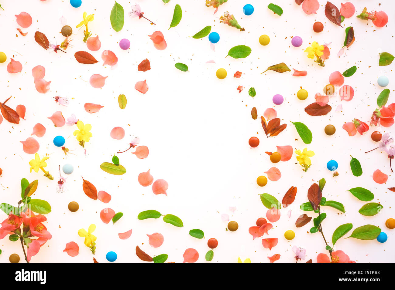 Farbenfrohe Frühling Hintergrund flach Draufsicht mit leuchtenden Blumenschmuck und Kopie Raum Stockfoto
