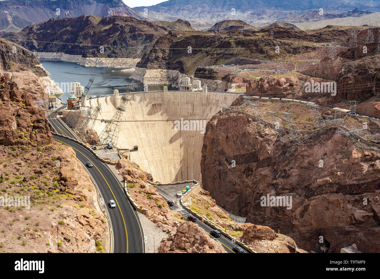 Hoover Dam, einen konkreten Bogen - Staumauer auf der Nevada und Arizona Grenze entfernt, eine Touristenattraktion. USA Stockfoto