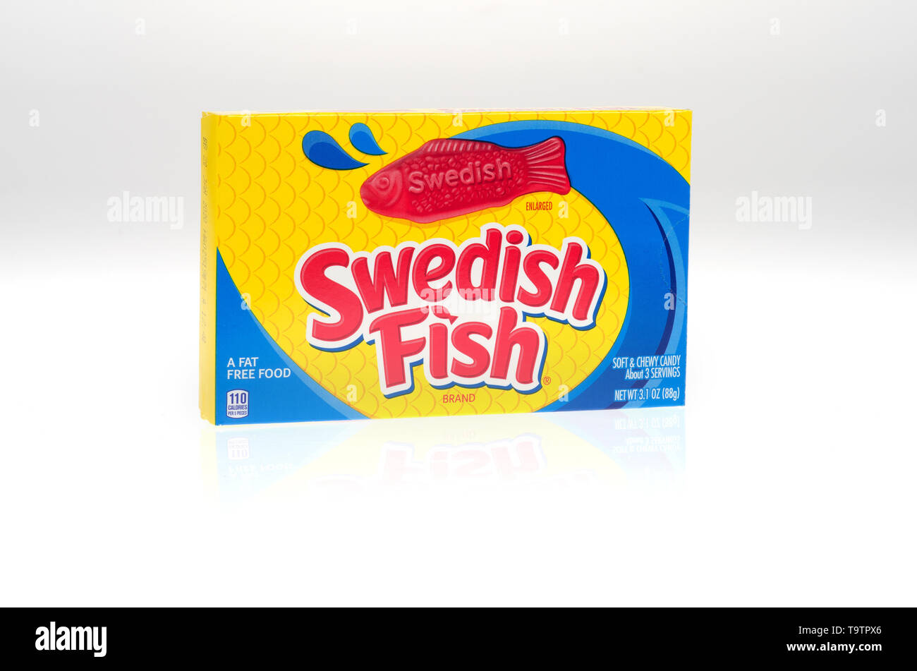 Schwedische Fische candy Box Stockfoto