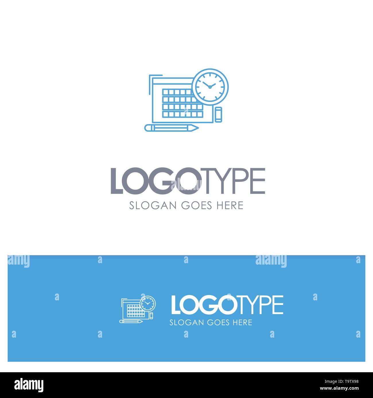 Zeit, Datei, Stift, Schwerpunkt blauer Rahmen Logo mit Slogan Stock Vektor