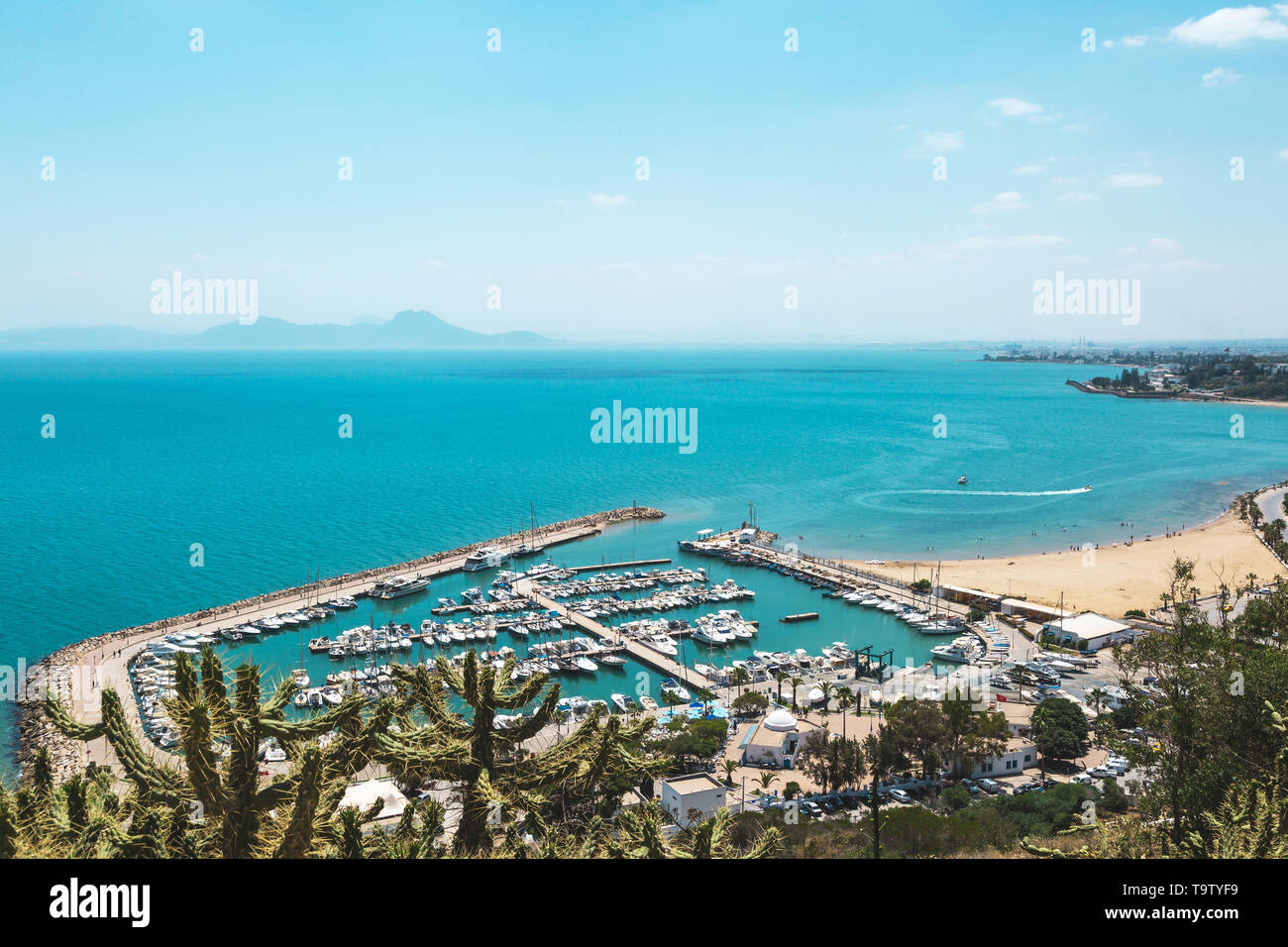 Sidi Bou Said, Tunesien. Meerblick auf die Küste und den Hafen. Blauer Himmel, kopieren. Stockfoto