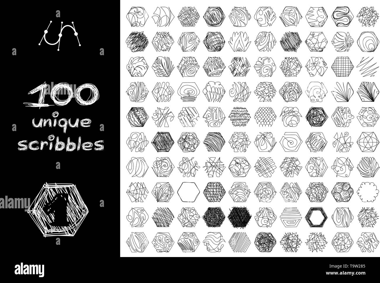 Vector schwarz 100 SCRIBBLES Objekte auf Weiß isoliert Stock Vektor