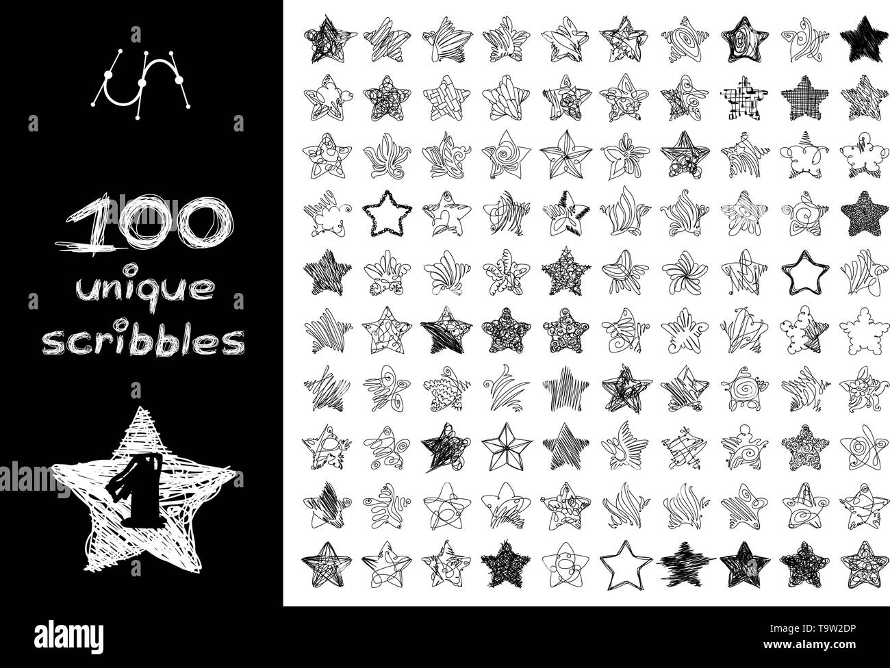 Vector schwarz 100 SCRIBBLES Objekte auf Weiß isoliert Stock Vektor