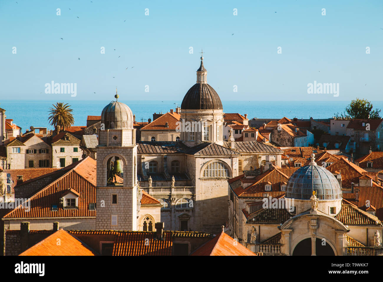 Klassische Panoramablick auf die historische Altstadt von Dubrovnik, eines der bekanntesten touristischen Destinationen im Mittelmeer, bei Sonnenuntergang, Dalmatien, C Stockfoto