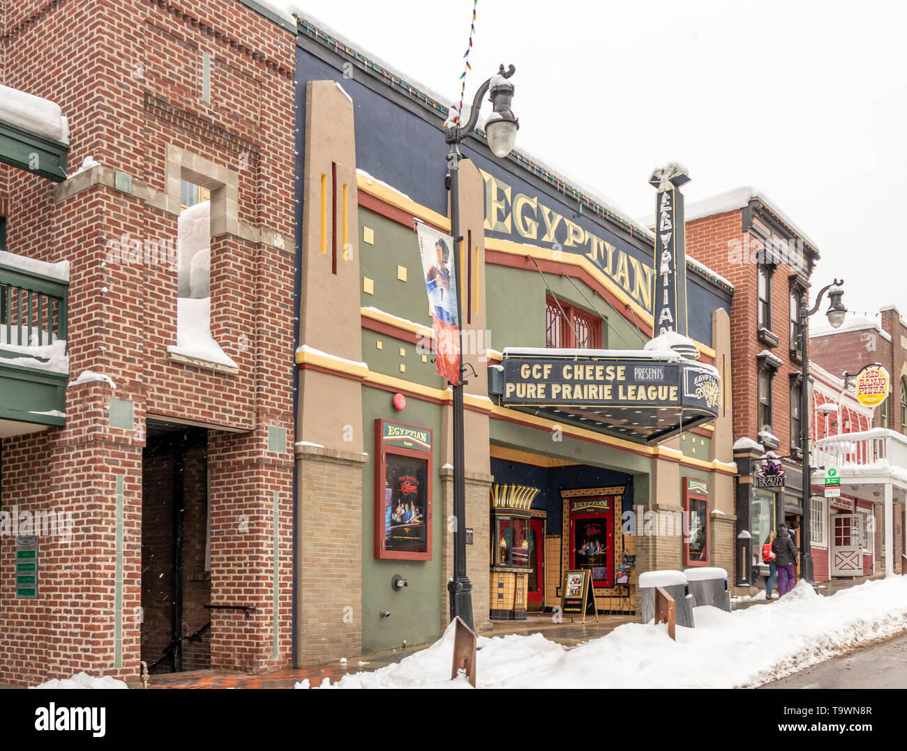 Park City, Utah, USA - 3. März 2019. Das Ägyptische Theater im Winter, der Heimat des Sundance Film Festivals, Main Stree, Park City, UT. Stockfoto
