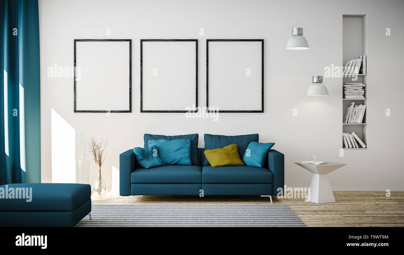 3D-Rendering des blauen Couch oder Sofa im Wohnzimmer vor der weißen Wand mit Kopie Raum und modernen oder minimalistischen Interieur und weißen Boden Stockfoto