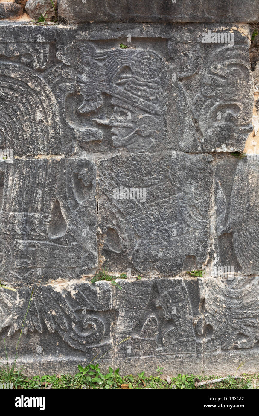 Maya-Kunst - Steinschnitzerei eines maya-Mannes; der Ballplatz, Chichen Itza maya-Ruinen, UNESCO-Weltkulturerbe, Yucatan, Mexiko Lateinamerika Reisen. Stockfoto