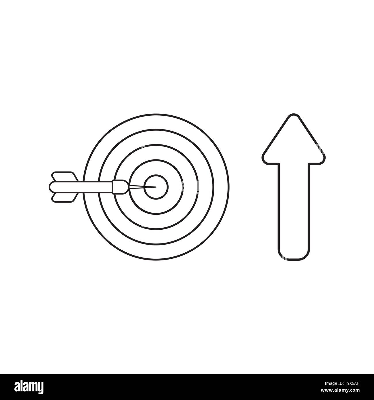 Vektor icon Konzept der Bulls Eye und Dart in der Mitte mit dem Pfeil nach oben. Schwarzen umrissen. Stock Vektor