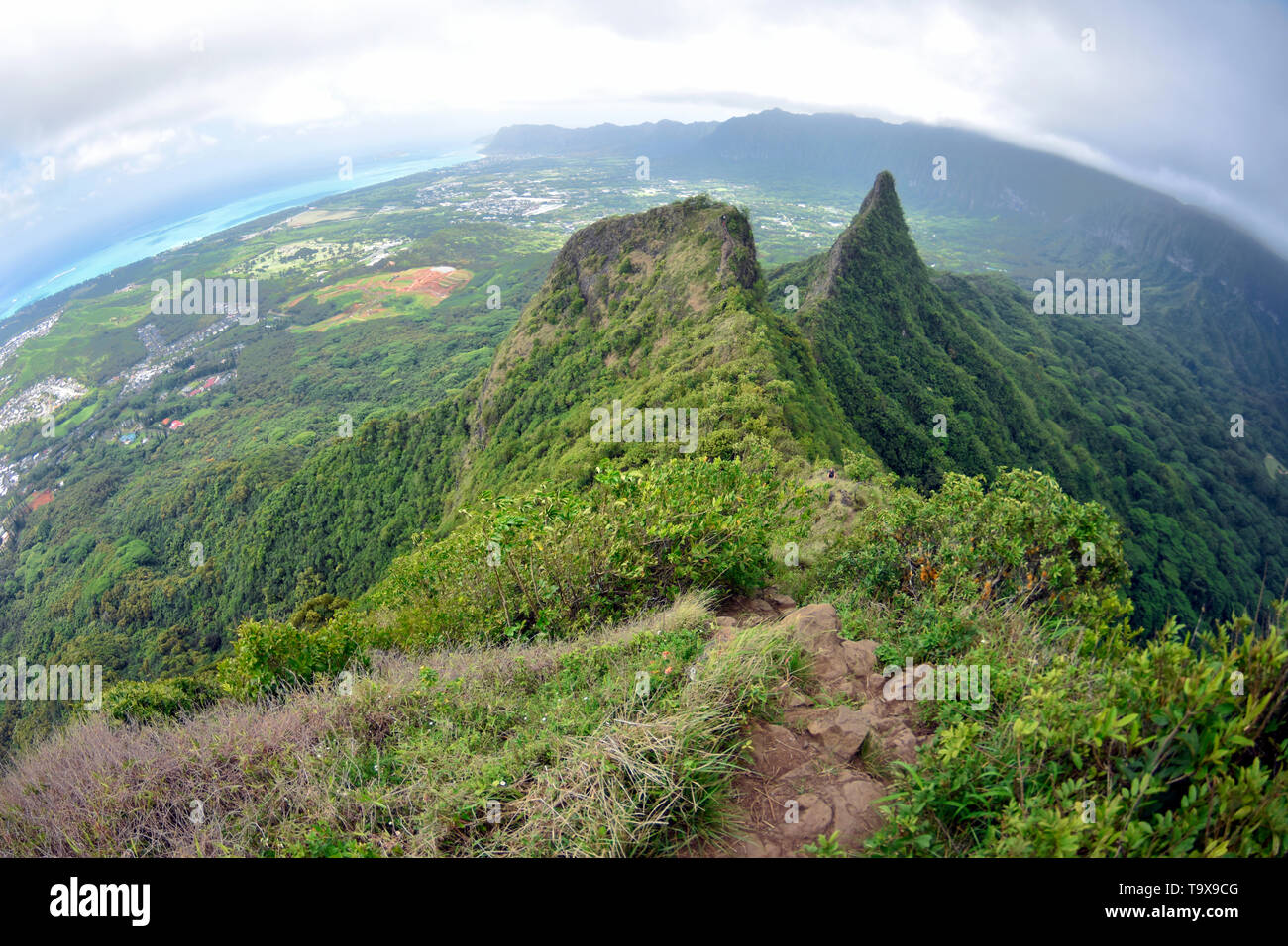 Blick vom Gipfel des Olomana Trail, Luv, Oahu, Hawaii, USA Stockfoto
