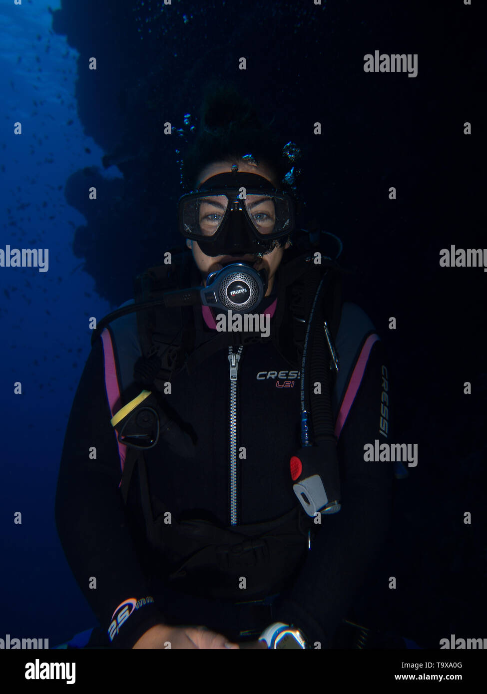 Frau Scuba Diver (vorhandene Model Release) Unterwasserwelt genießen das Korallenriff der Bunaken National Park, Sulawesi, Indonesien Stockfoto