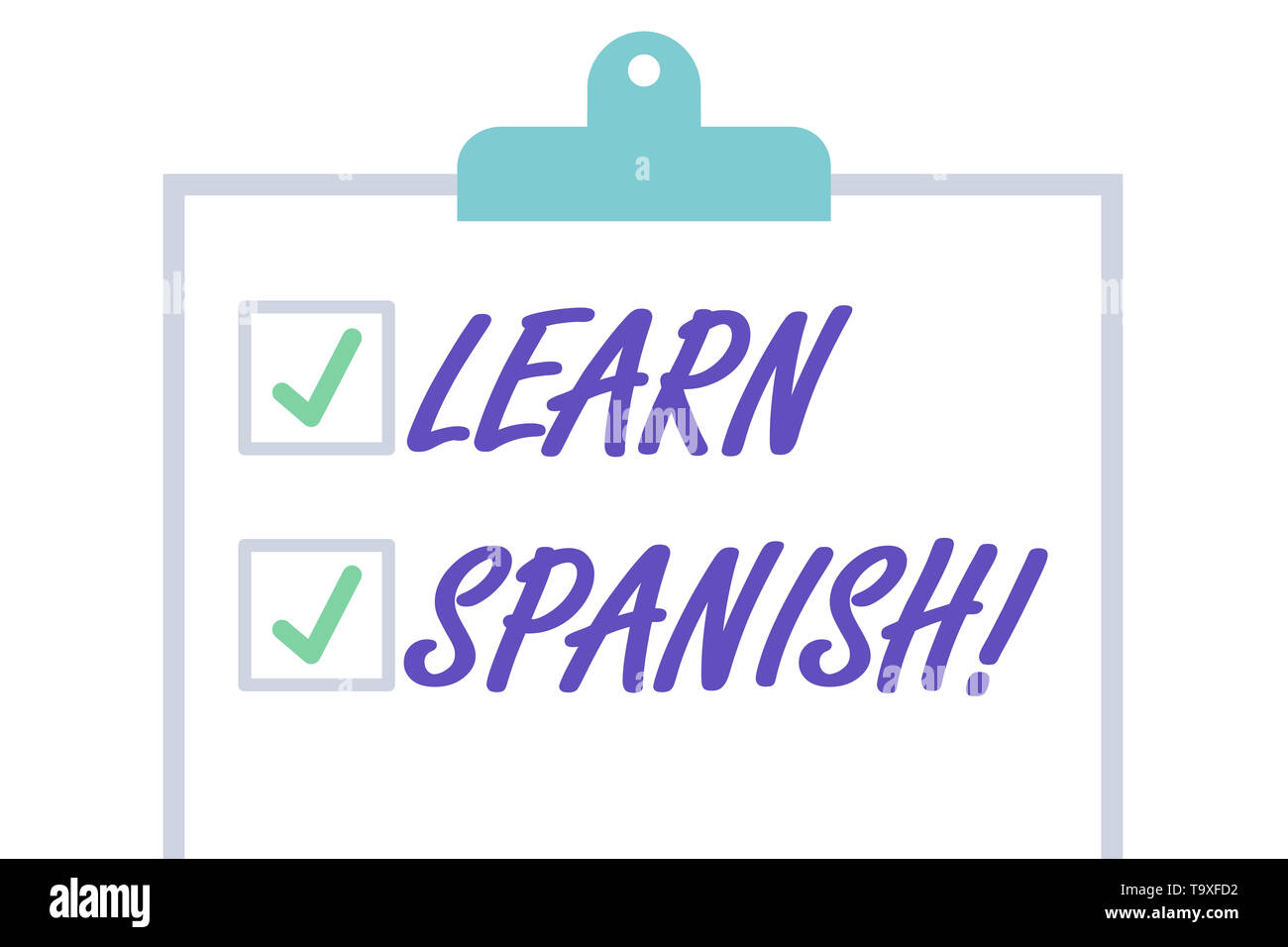 Handschrift text Spanisch lernen. Konzeptionelle Foto gewinnen oder Wissen aneignen von Sprechen und Schreiben Spanisch isoliert Leer vertikale Zwischenablage mit zwei Stockfoto
