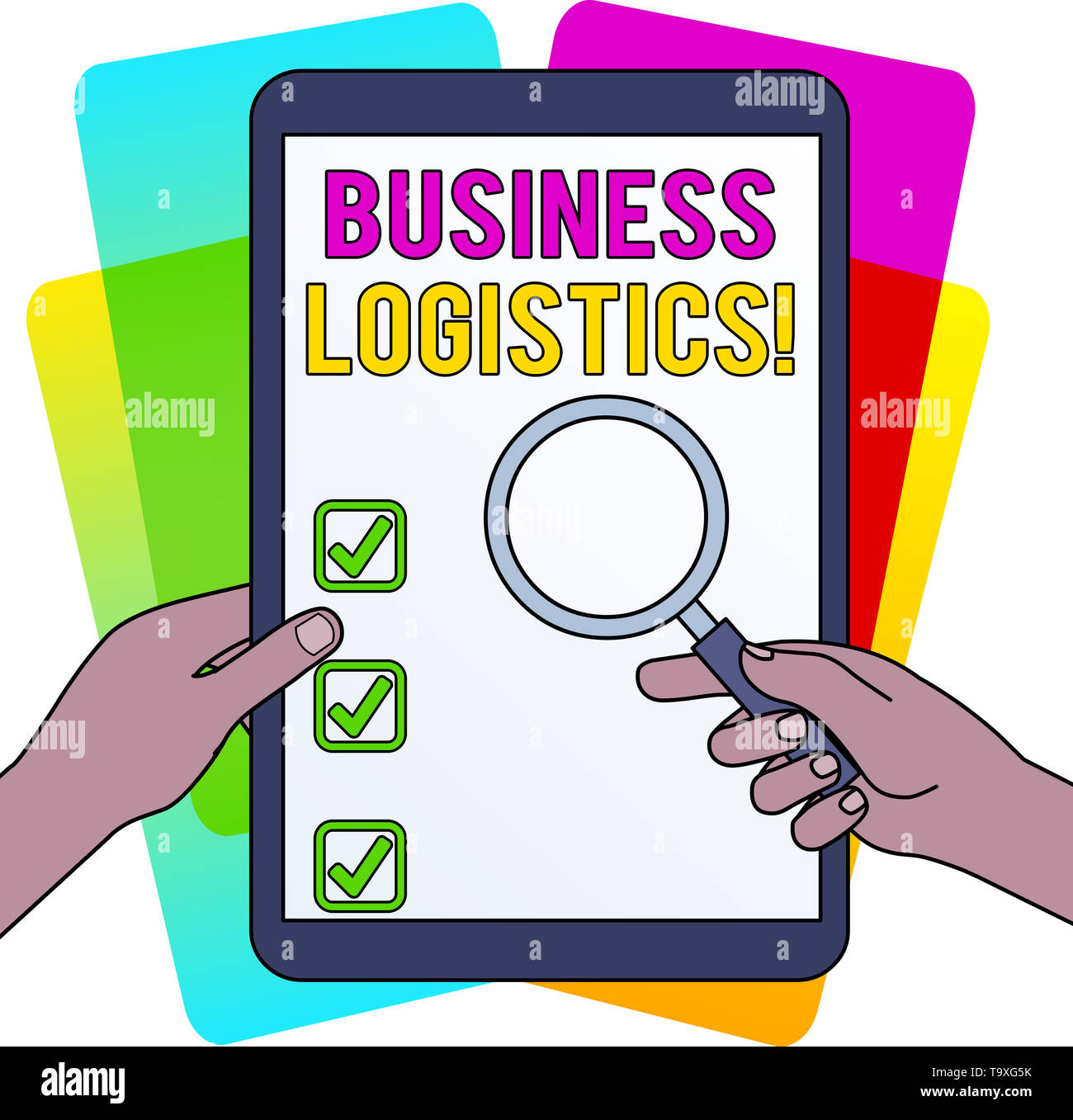 Wort schreiben Text Business Logistik. Business Foto präsentiert mit der Materialbeschaffung und analysisagement Hände halten Lupe Glas besorgt Stockfoto