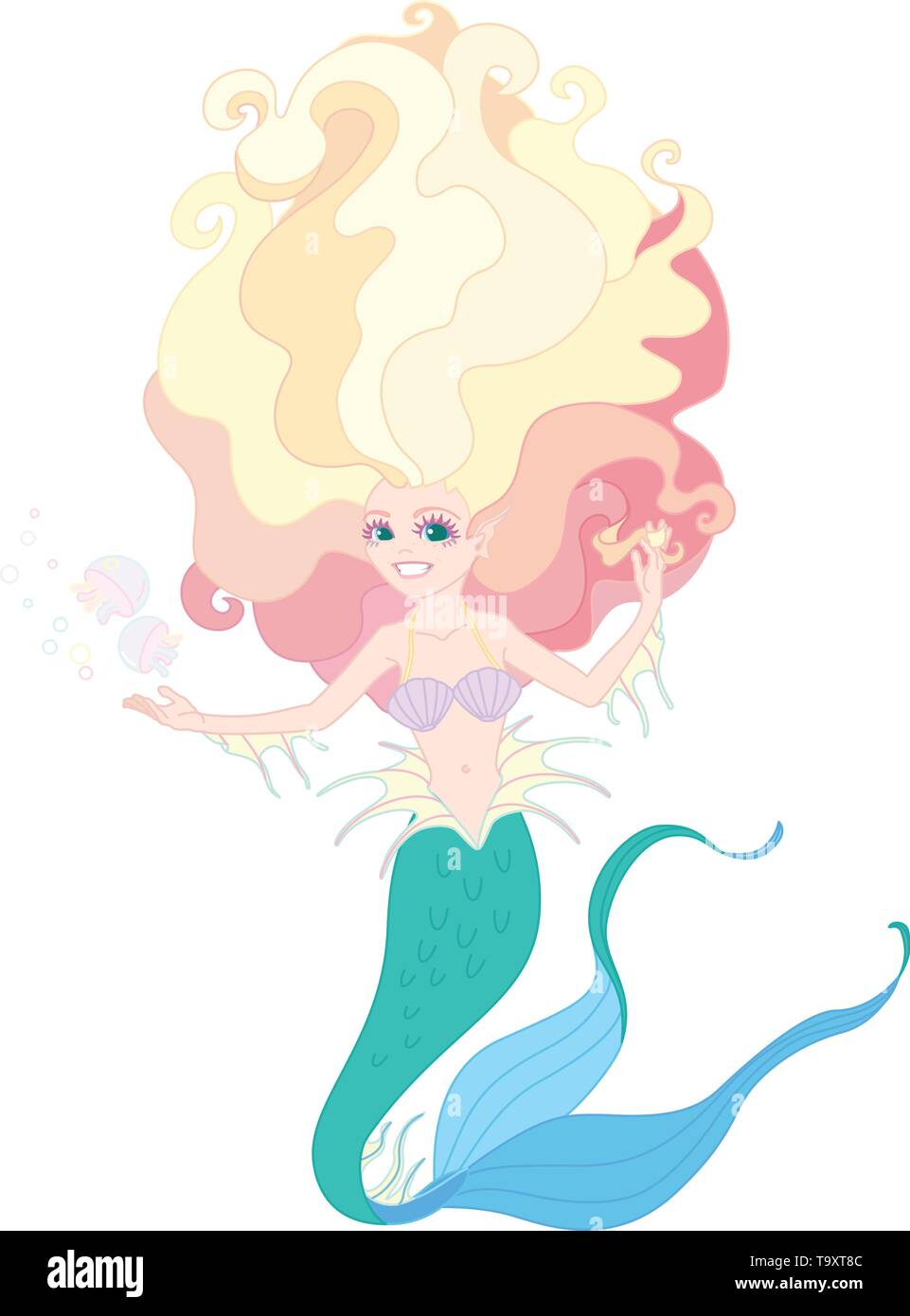 Vectorr flache Kontur cartoon süße Mermaid Fairy Meer Stock Vektor