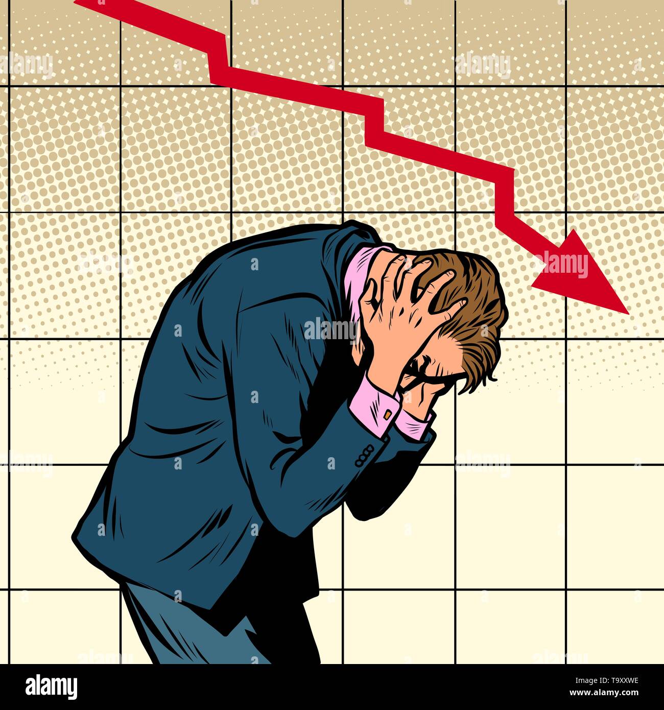 Geschäftsmann Panik fallenden Chart. Pop Art retro Vektor illustration Vintage kitsch Stock Vektor