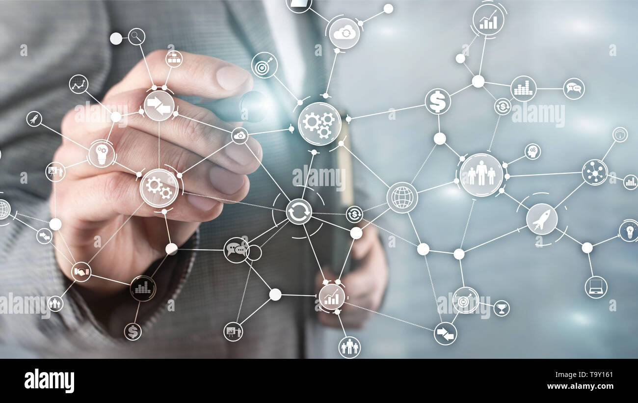 Business Process Workflow Diagramm Struktur Industrielle Automation innovation Konzept auf virtuellen Bildschirm mixed Media. Stockfoto