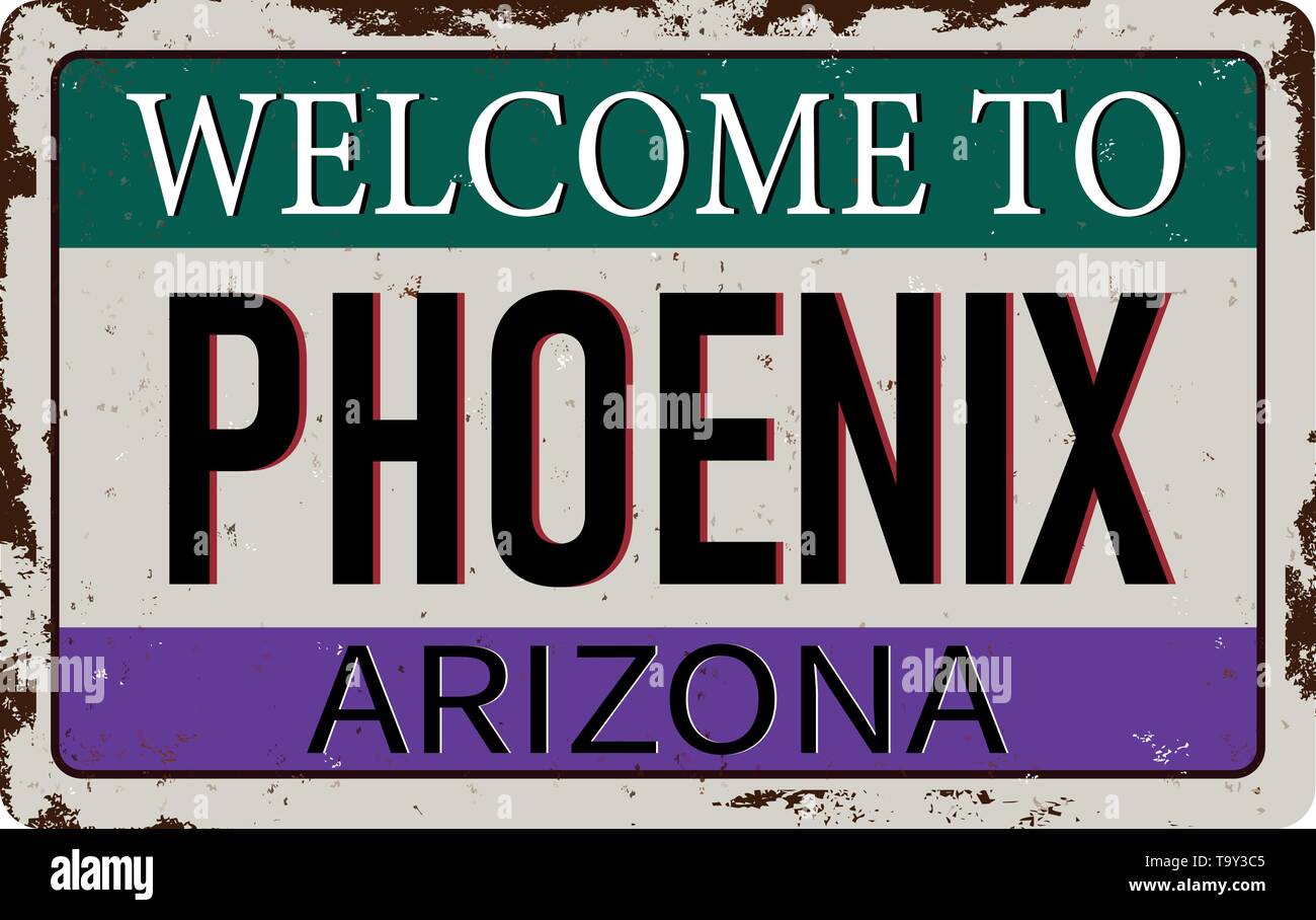 Zu Phoenix Arizona vintage rostiges Metall Zeichen auf weißem Hintergrund Willkommen, Vector Illustration Stock Vektor