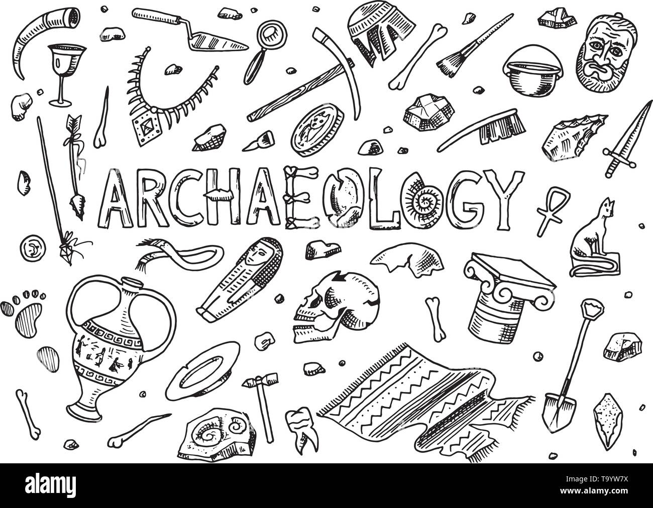 Einstellen der Archäologie Tools, Wissenschaft, Artefakte. Ausgegrabenen Fossilien und alten Knochen. Hand Doodle Skizze Stil gezeichnet. Stock Vektor