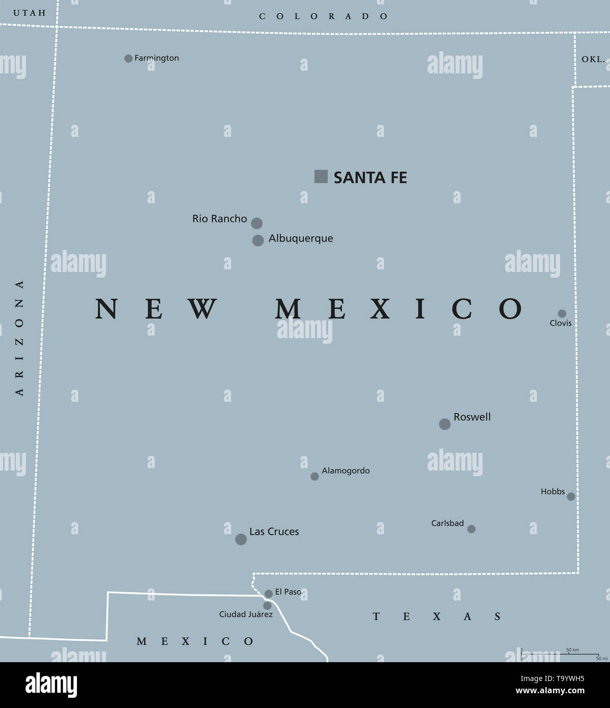 New York, politische Karte, mit Hauptstadt Santa Fe, die größten Städte und Grenzen. Staat im Südwesten der Vereinigten Staaten von Amerika. Stockfoto