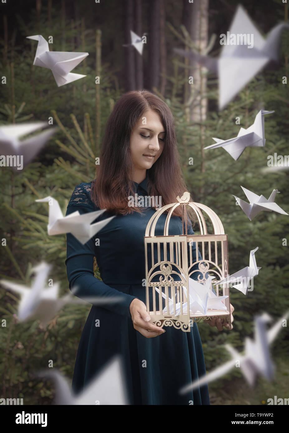Kreative surrealismus Design. Mädchen mit Käfig und origami Papier Krane. Konzept über die Freiheit und Unterschiede. Geheimnisvollen Wald. Stockfoto