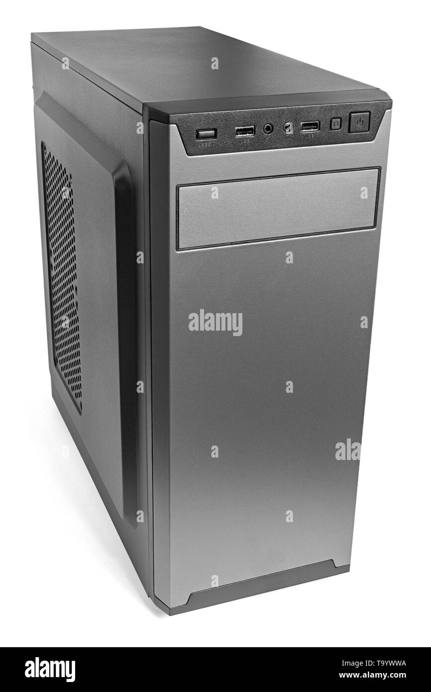 Einfache günstigstes Schwarz miditower pc-Gehäuse auf weißem Hintergrund. Stockfoto