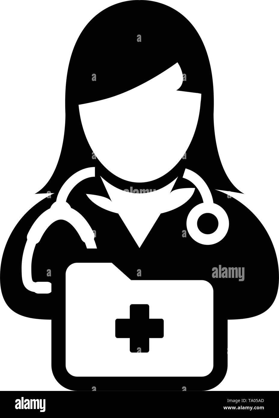 Krankenschwester Symbol Vektor weibliche Person Profil Avatar mit Stethoskop und medizinischen Bericht Ordner für medizinische Beratung in Glyph Piktogramm Abbildung Stock Vektor