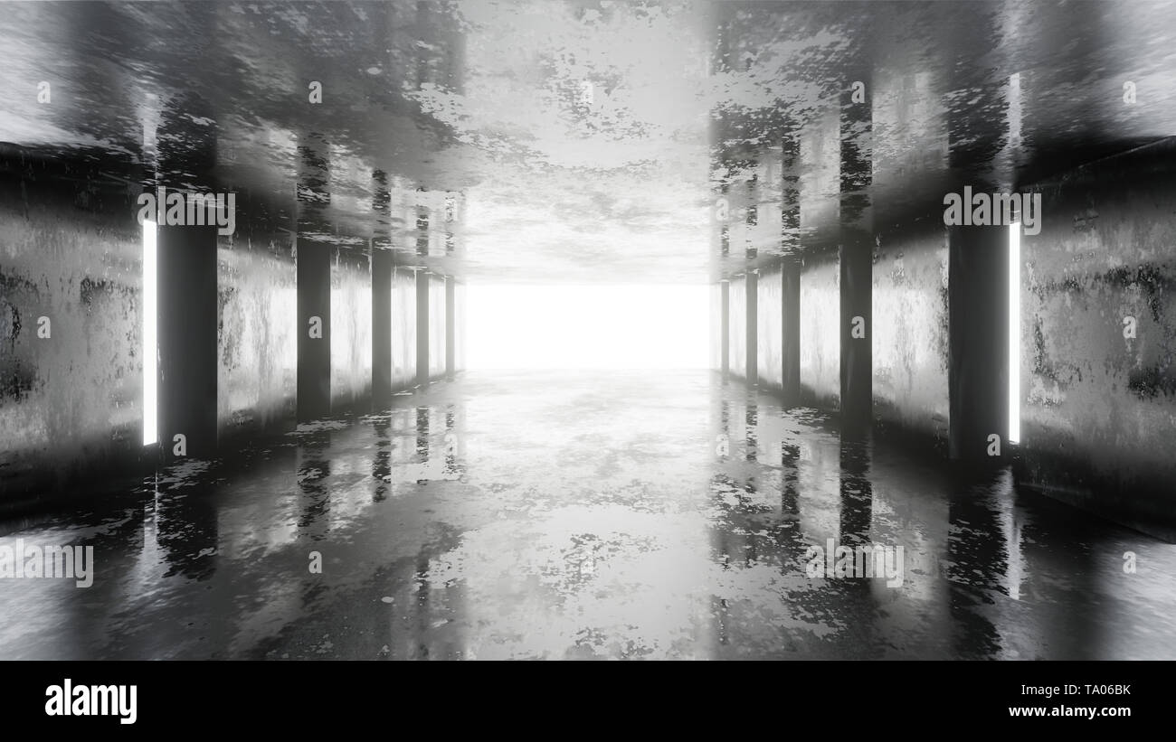 Abstrakte glänzend konkrete Interior dark grunge Hintergrund, 3D-Rendering. Stockfoto