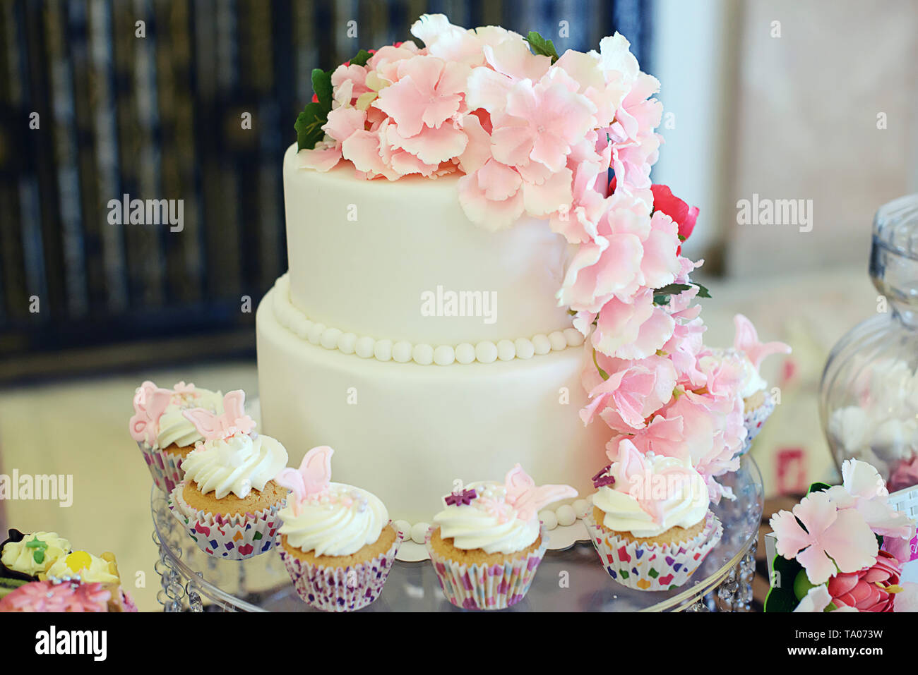 Elegante und einfache Zwei tiered Kuchen in Weiß royal abgedeckt Vereisung mit Rosa dekorative Blumen und durch leckere kleine Törtchen umgeben Stockfoto