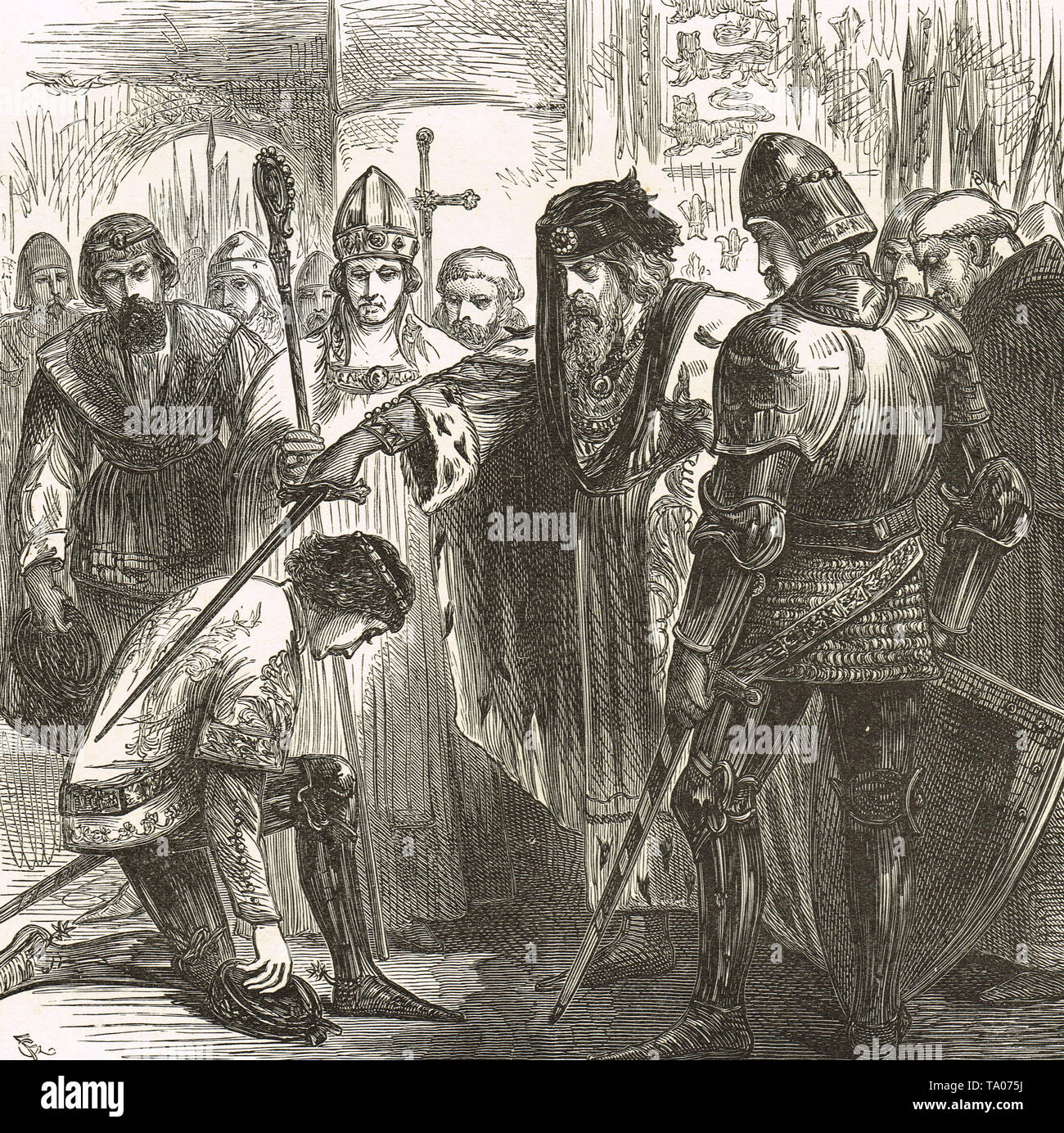 Edward III knighting sein Sohn Edward der schwarze Prinz, bei La Högni in 1346 Stockfoto