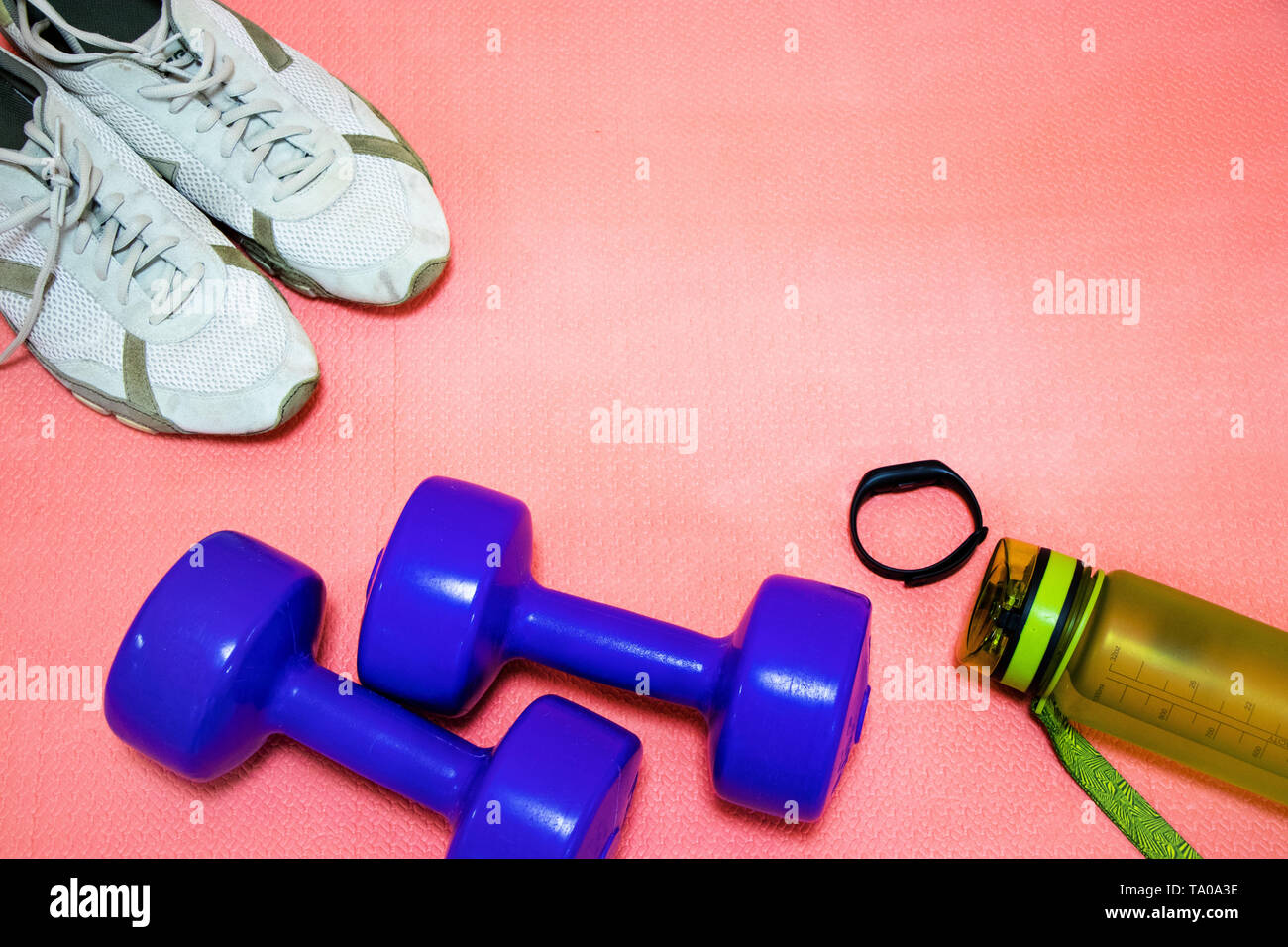 Fintes Kurzhanteln, Turnschuhe, eine Flasche Wasser und ein Armband auf einem rosa Matte, Sport Konzept, horizontale Foto Stockfoto