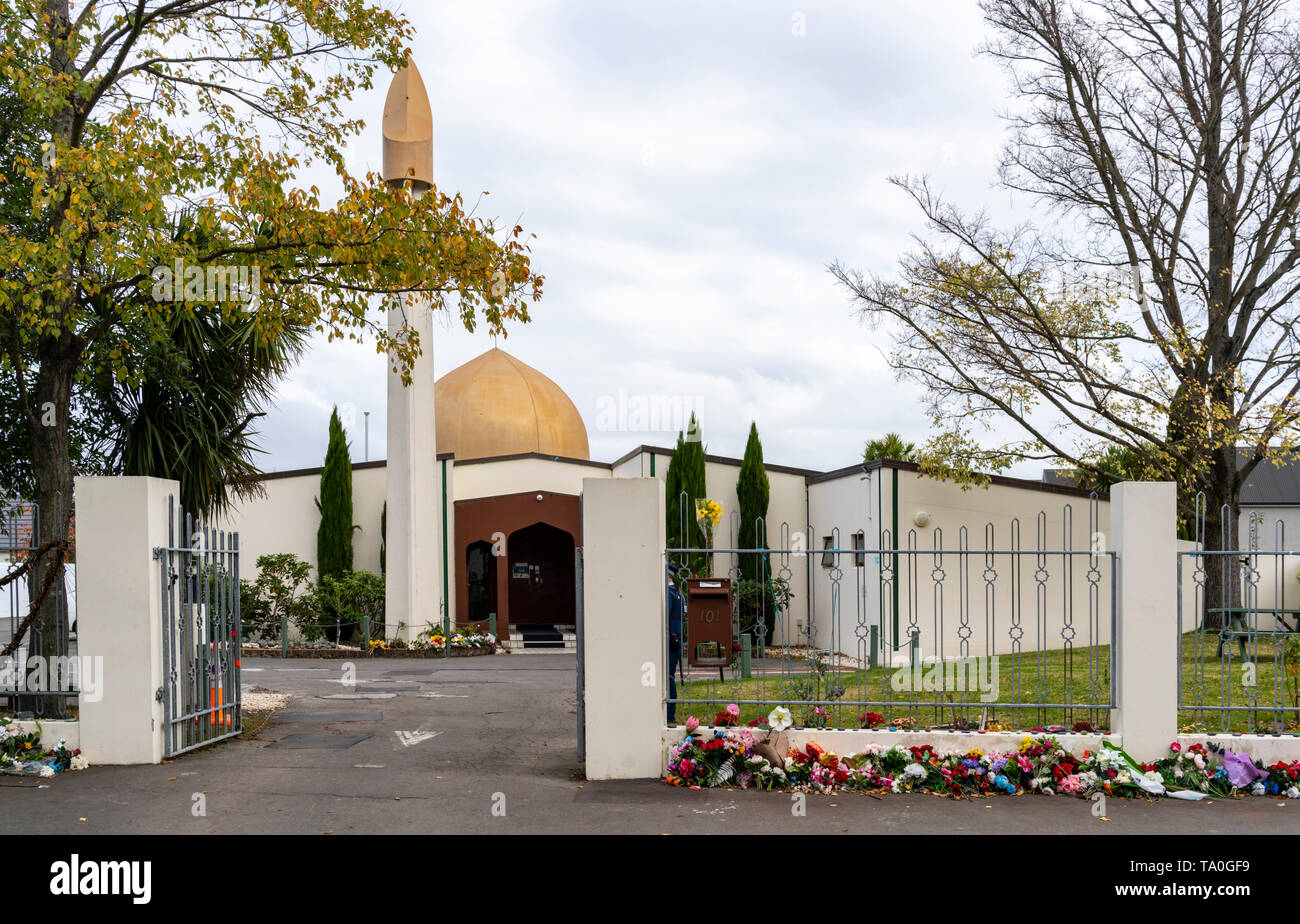 Christchurch, Neuseeland, Moschee, Masjid Al Noor, mit Memorial Tribute und polizeiliche Präsenz Stockfoto