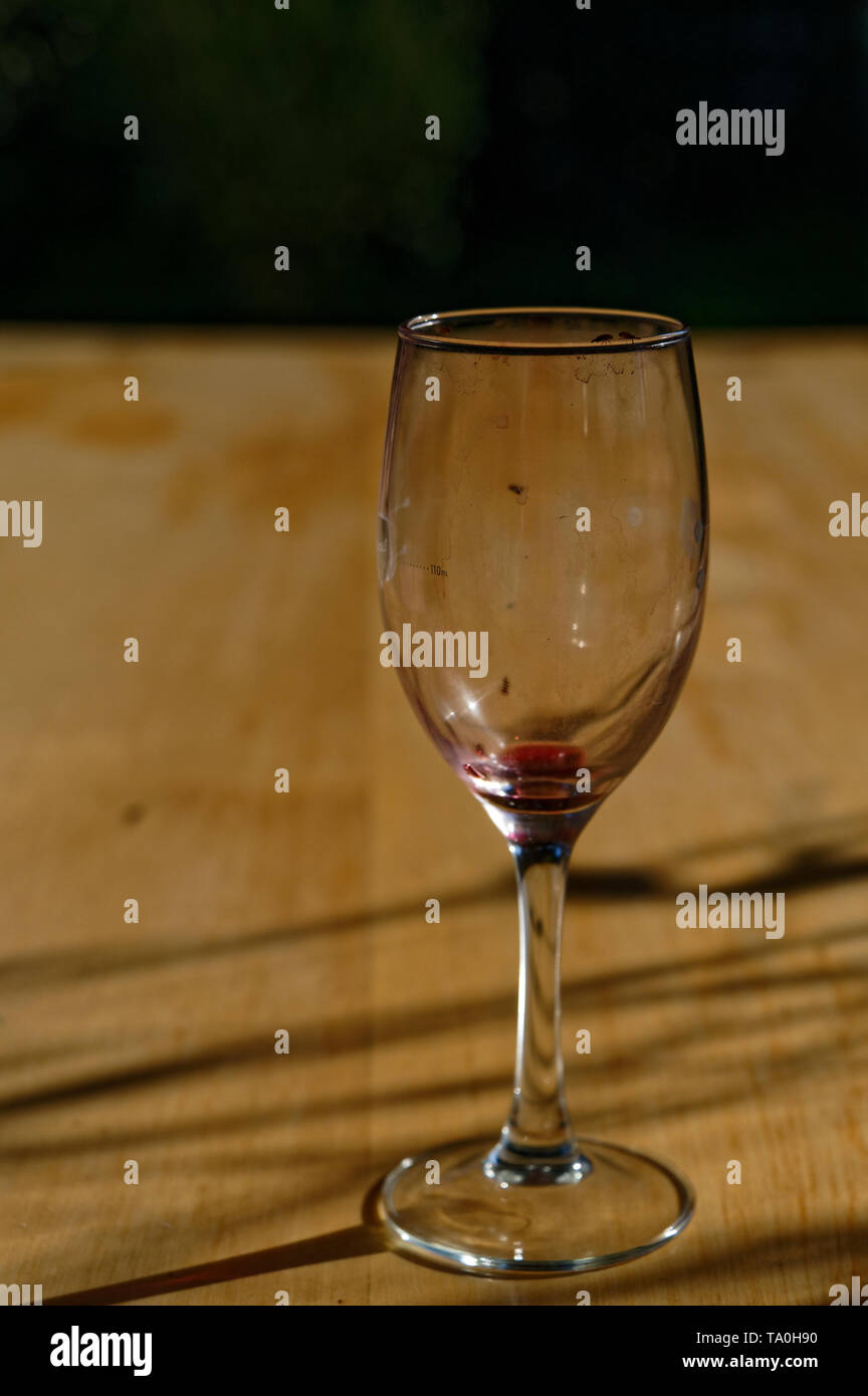 Fruchtfliegen sind zu einem schmutzigen Rotwein Glas auf einem Tisch links angezogen Stockfoto