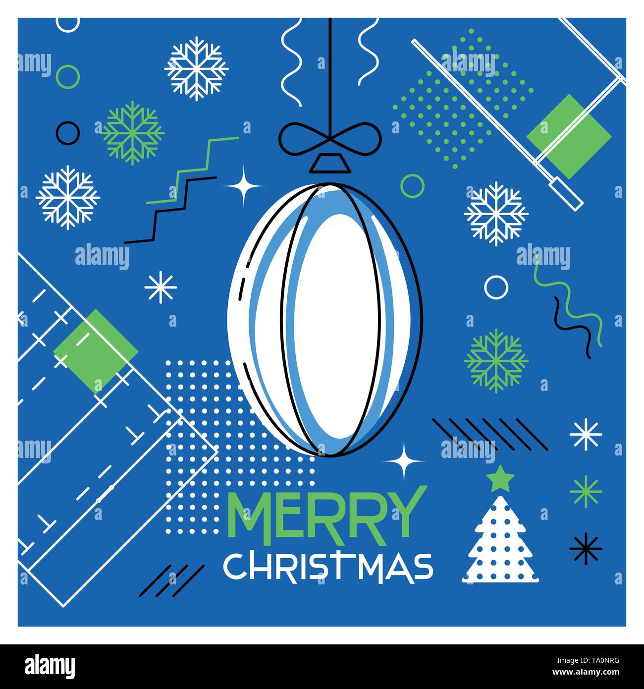 Frohe Weihnachten. Grußkarte mit Christmas Ball als rugby ball. Abstrakte flache Bauform. Vector Illustration. Stock Vektor