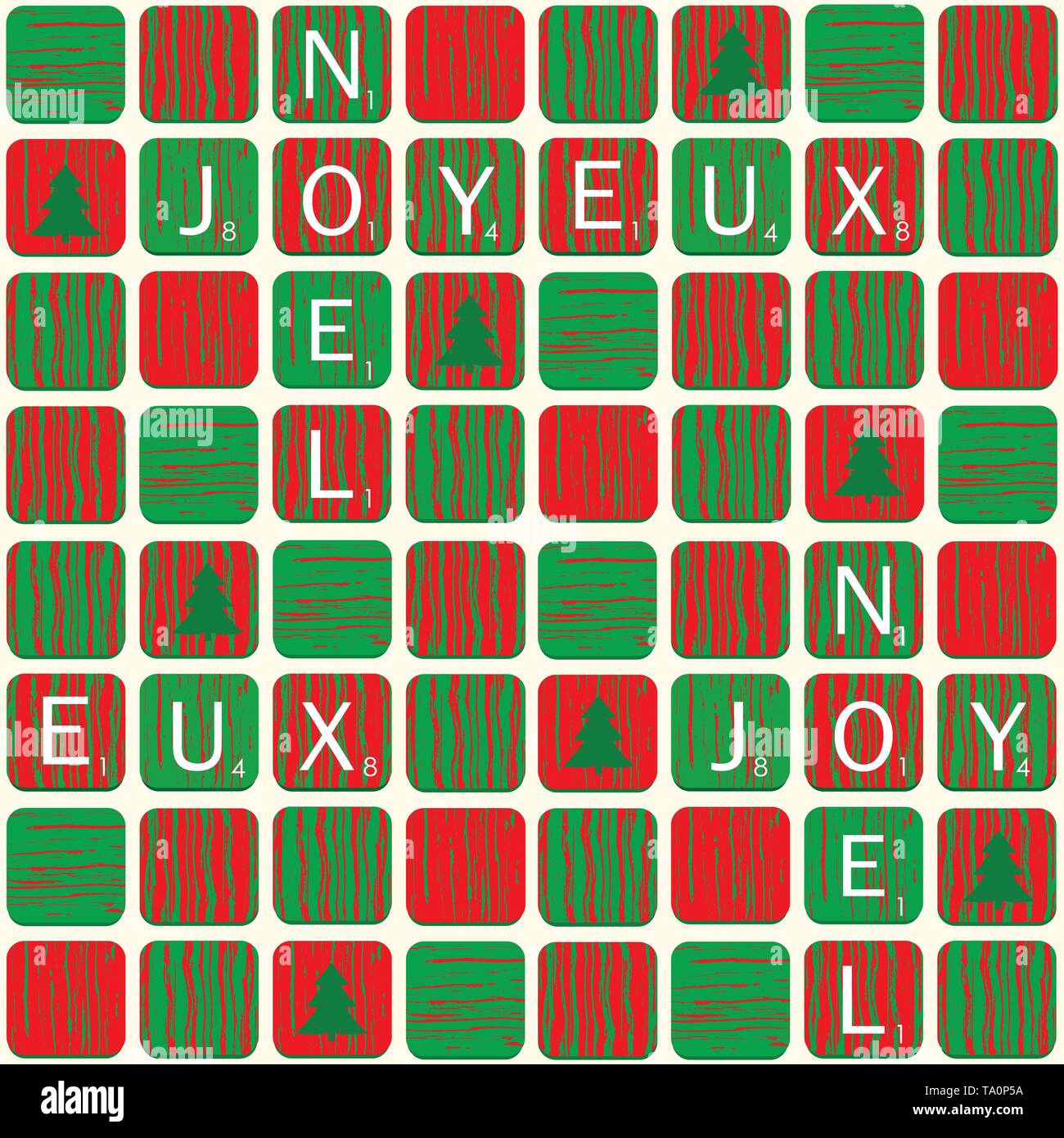 Joyeux Noel Weihnachten Design in Rot und Grün strukturierte Scrabble Fliesen Stil mit Weihnachtsbäumen. Die nahtlose Vektor Muster. Toll für Weihnachten Stock Vektor