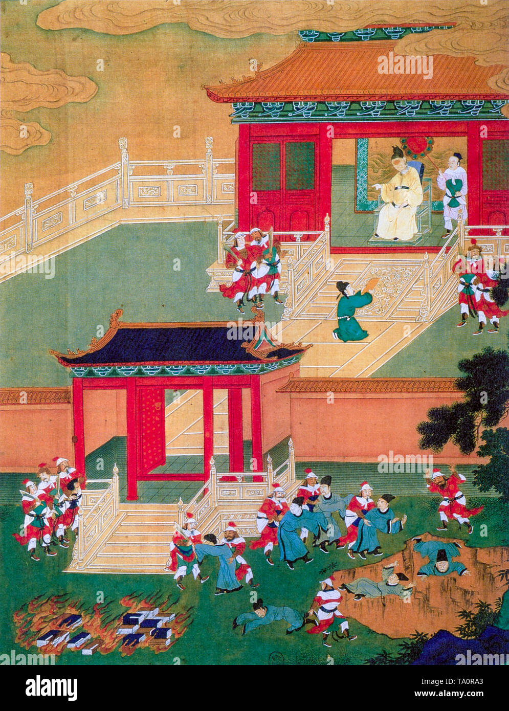 Verbrennen von Büchern und lebendig begraben von konfuzianischen Gelehrten in China unter Qin Shi Huang in 213 BC, Malerei, 18. Jahrhundert Stockfoto