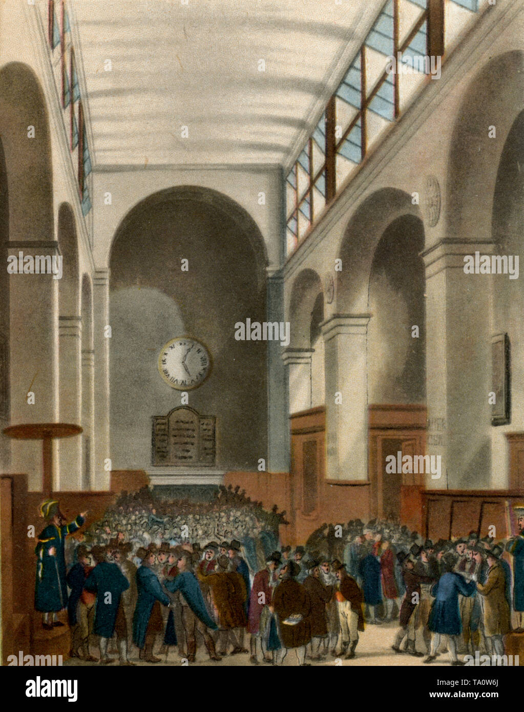 Die Börse, c1808-1810. Ein Druck aus dem 'Mikrokosmos von London'. Von Thomas Rowlandson (1756-1827) und Auguste Charles Pugin (1762-1832). The London Stock Exchange, Capel Court, erbaut von James Pfacock, 1801-2. Stockfoto