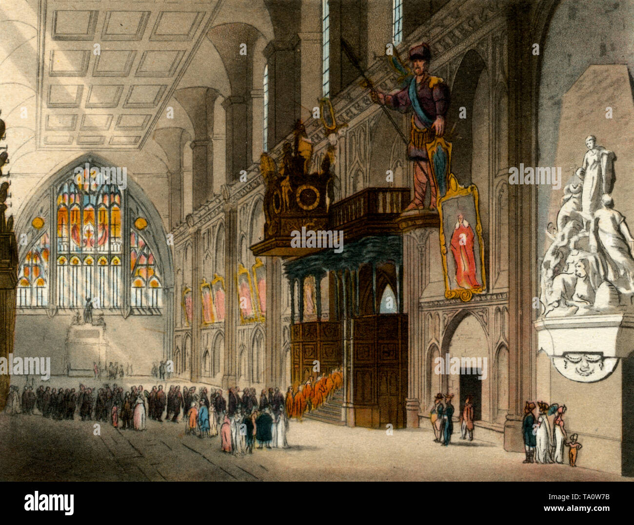 Die große Halle, Guildhall, c 1808-1810. Ein Druck von der "Mikrokosmos der London" von William Henry Pyne (1770-1843). Künstler: Thomas Rowlandson (1756-1827) und Auguste Charles Pugin (1762 - 1832). Die vorliegende Guildhall begonnen c 1411 und es ist das einzige Gebäude aus Stein, die nicht der Kirche den großen Brand von London 1666 überlebt zu haben. Die Halle war die Szene von vielen berühmten Studien, einschließlich derjenigen von Lady Jane Grey und Thomas Cranmer. Stockfoto