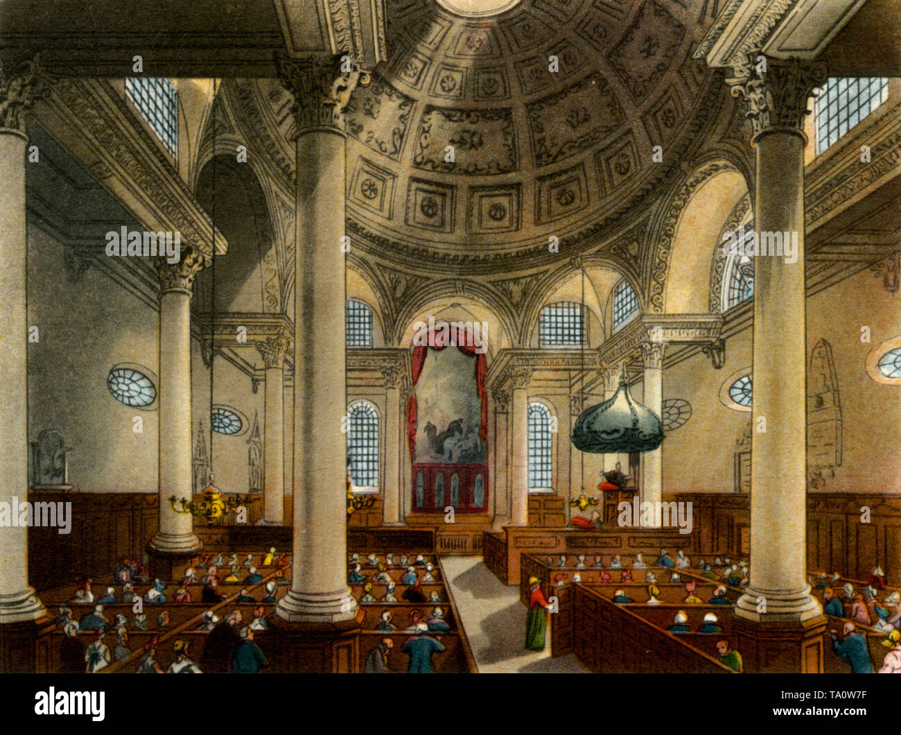 Service in St Stephen's, Walbrook, C1808-1810. Ein Druck aus 'der Mikrokosmos von London'. Ein Druck aus dem "Mikrokosmos von London", von William Henry Pyne (1770-1843). Illustriert von Thomas Rowlandson (1756-1827) und Auguste Charles Pugin (1762-1832). St Stephen's wurde 1672-9 nach einem Entwurf von Sir Christopher Wren gebaut. Die Kuppel der Kirche basiert auf Wren's St Paul's Cathedral. Stockfoto
