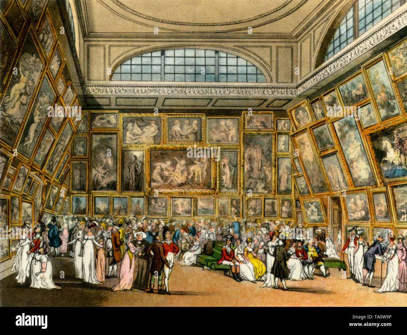 Eine Ausstellung der Royal Academy im Somerset House, c1808-1810. Ein Druck aus dem "Mikrokosmos von London". Ein Druck aus dem "Mikrokosmos von London" von William Henry Pyne (1770-1843). Illustriert von Thomas Rowlandson (1756-187) und Auguste-Charles Pugin (1762-182). Die Royal Academy of Arts war von 171 bis zu ihrem Umzug in ihr festes Haus im Burlington House im Jahre 1865 im Old Somerset House untergebracht. Stockfoto