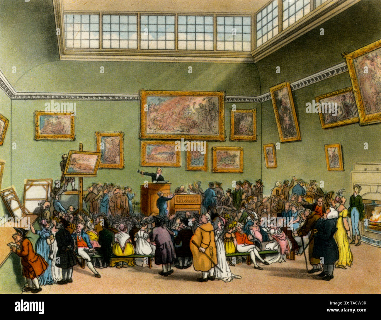 Christie's Auction House, c1808-1810. Ein Druck aus dem 'Mikrokosmos von London', von William Henry Pyne (1770-1843). Illustriert von Thomas Rowlandson (1756-1827) und Auguste Charles Pugin (1762-1832). Hier eine geschäftige Szene im von James Christie (1730-1803) gegründeten Auktionshaus. Stockfoto