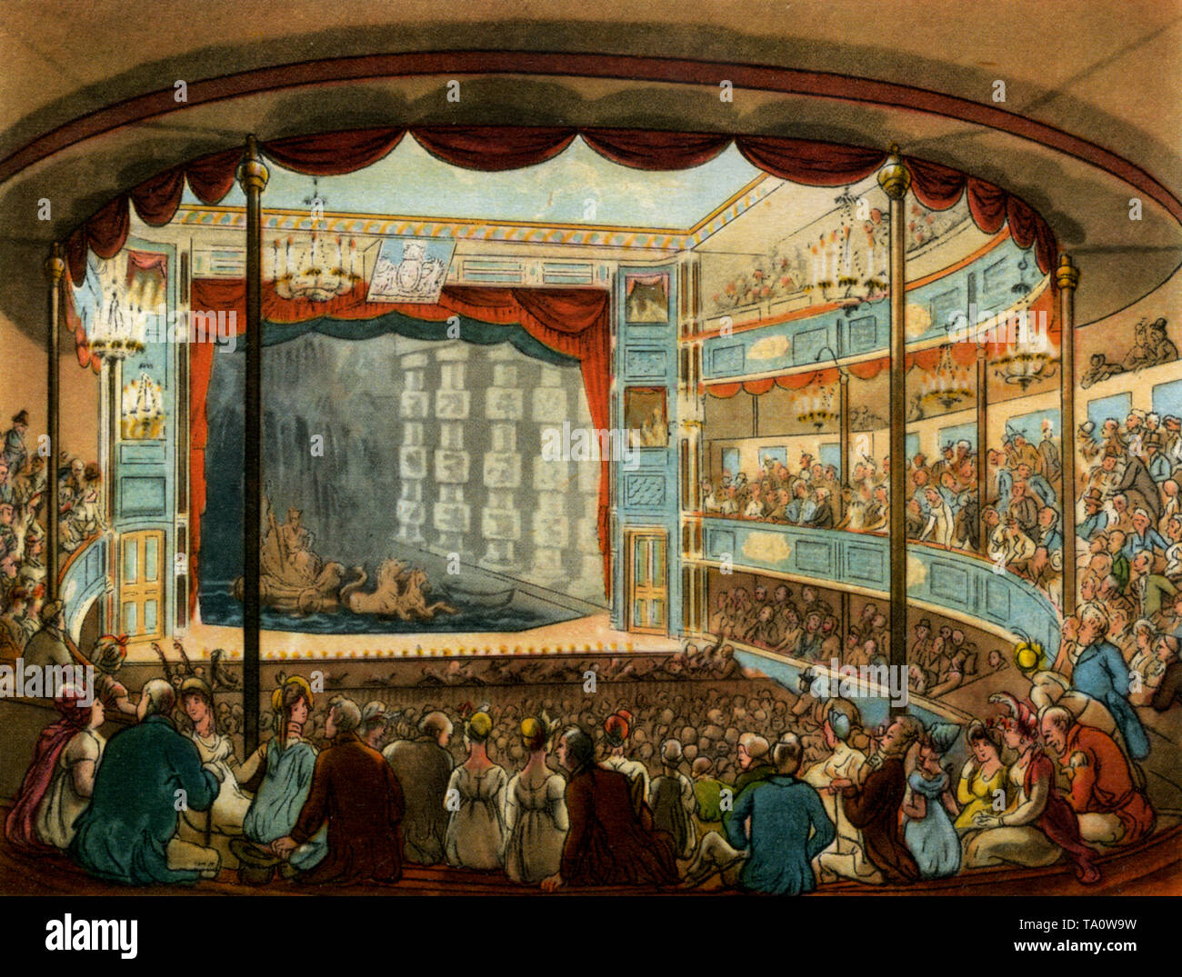 Sadler's Wells Theatre, c1808-1810. Ein Druck aus dem 'Mikrokosmos von London', von William Henry Pyne (1770-1843). Illustriert von Thomas Rowlandson (1756-1827) und Auguste Charles Pugin (1762-1832). Das prächtige Auditorium des ehemaligen Sadler's Wells Theatre. Heute berühmt als Veranstaltungsort für Ballett sehen wir es hier als Aquatic Theatre genutzt. Mit dem Bau eines großen Panzers, der vom nahe gelegenen New River überflutet wurde, wurde ein Aquatic Theatre verwendet, um extravagante Marinemelodramen zu inszenieren. Stockfoto
